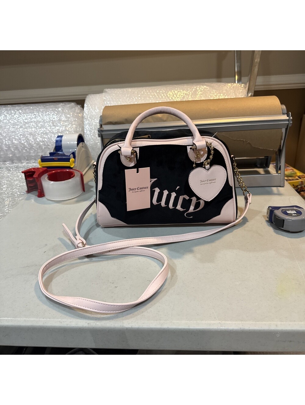 NWT Juicy Couture Urban Heritage Liquorice Bowler Bag Black Pink Velour Purse
